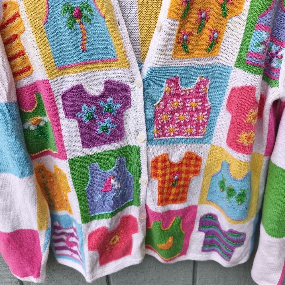 Vintage Northern Isles Checkerboard Beach Print Cardigan sz L Ivory Pink Multi - Picture 4 of 11